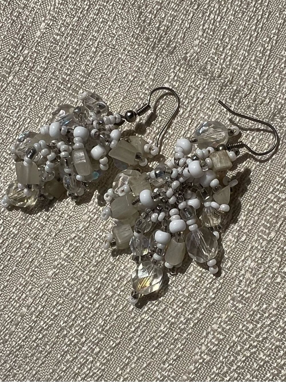 Beaded Cluster Dangle Earrings - White and Clear